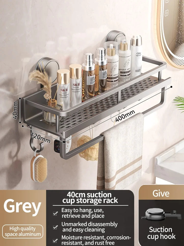 Estante de baño con ventosa sin taladro, estante para baño, espacio para inodoro, estante colgante de aluminio, organizador de baño para colgar en la pared