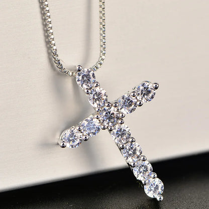 Collar de plata de ley 925 para hombre y mujer, cadena de eslabones, cristal brillante, colgante de cruz clásica, joyería de moda, 40,6-60,9 cm 