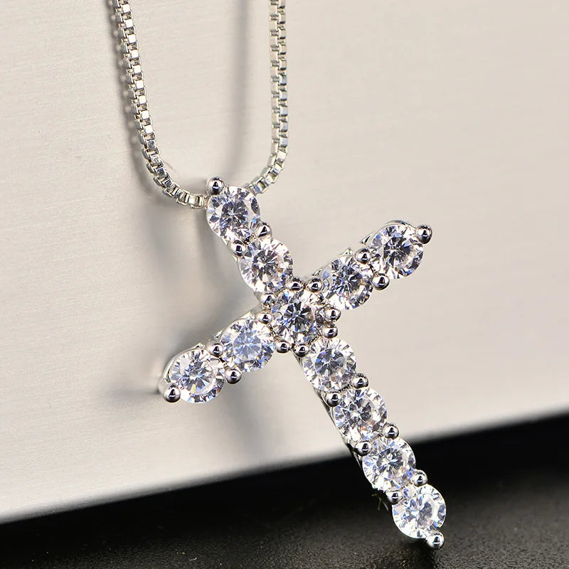 925 Sterling Silver Necklace for Men and Women, Box Chain, Shiny Crystal, Classic Cross Pendant, Fashion Jewelry, 16-24 Inches 