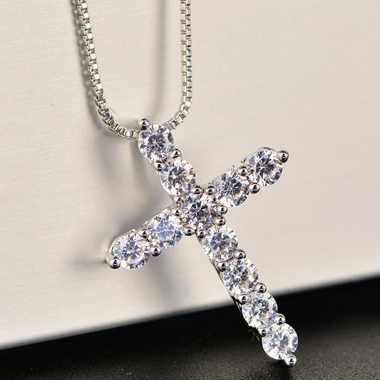 925 Sterling Silver Necklace for Men and Women, Box Chain, Shiny Crystal, Classic Cross Pendant, Fashion Jewelry, 16-24 Inches 