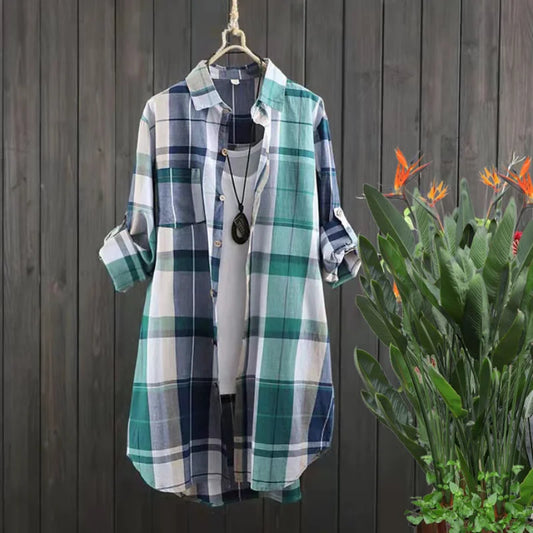 Blusas de algodón a cuadros de longitud media para mujer, otoño 2021, manga larga, elegante camisa informal, moda coreana, nuevas blusas holgadas con botones