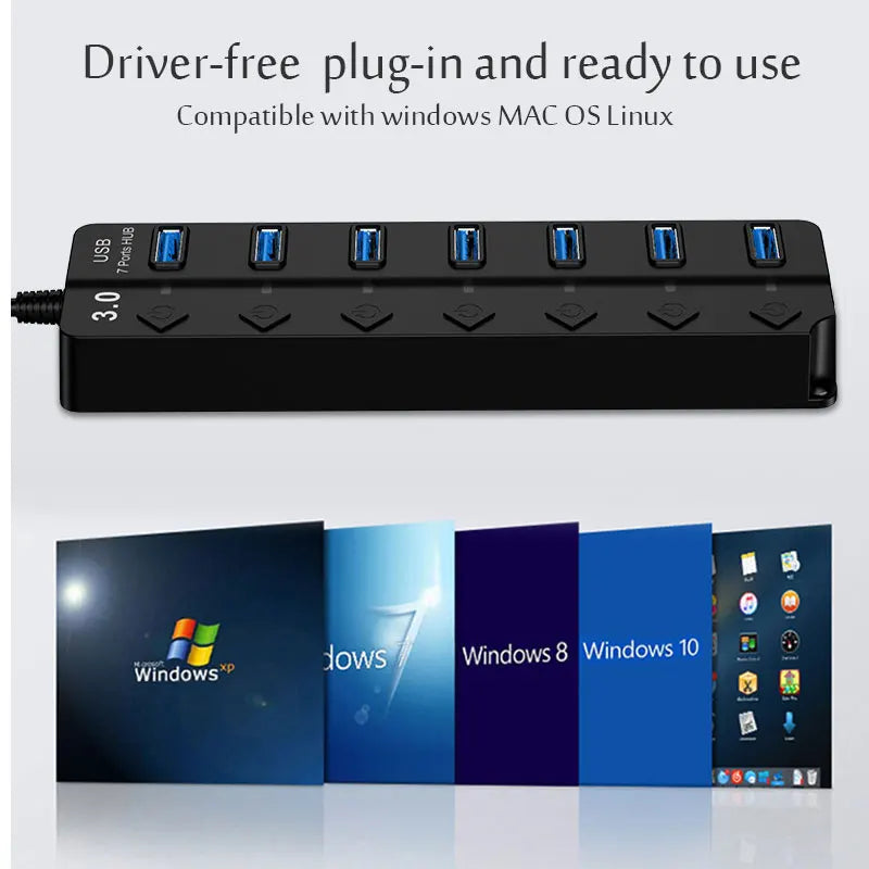 Adaptador de corriente USB 3.0, concentrador divisor multiUSB de 4/7 puertos, concentrador USB 2.0, conmutador expansor múltiple USB, concentrador de cable de 30 cm, estaciones de acoplamiento