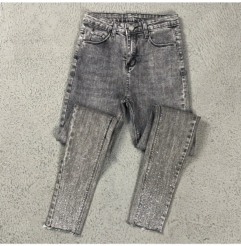 Spring Summer 2024 New Fashion Harem Denim Pants Female Rhinestones Korean Version High Waist Slim Elastic Jeans Pencil Pants