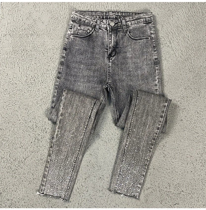 Spring Summer 2024 New Fashion Harem Denim Pants Female Rhinestones Korean Version High Waist Slim Elastic Jeans Pencil Pants