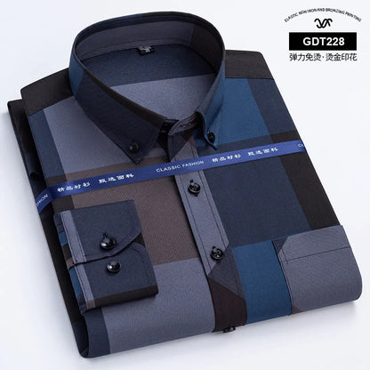 Latest Men's Dress Shirts Spring Autumn Non-iron Anti-wrinkle Business Casual Print Thin Plaid Soft Slim Fit Chemise Homme