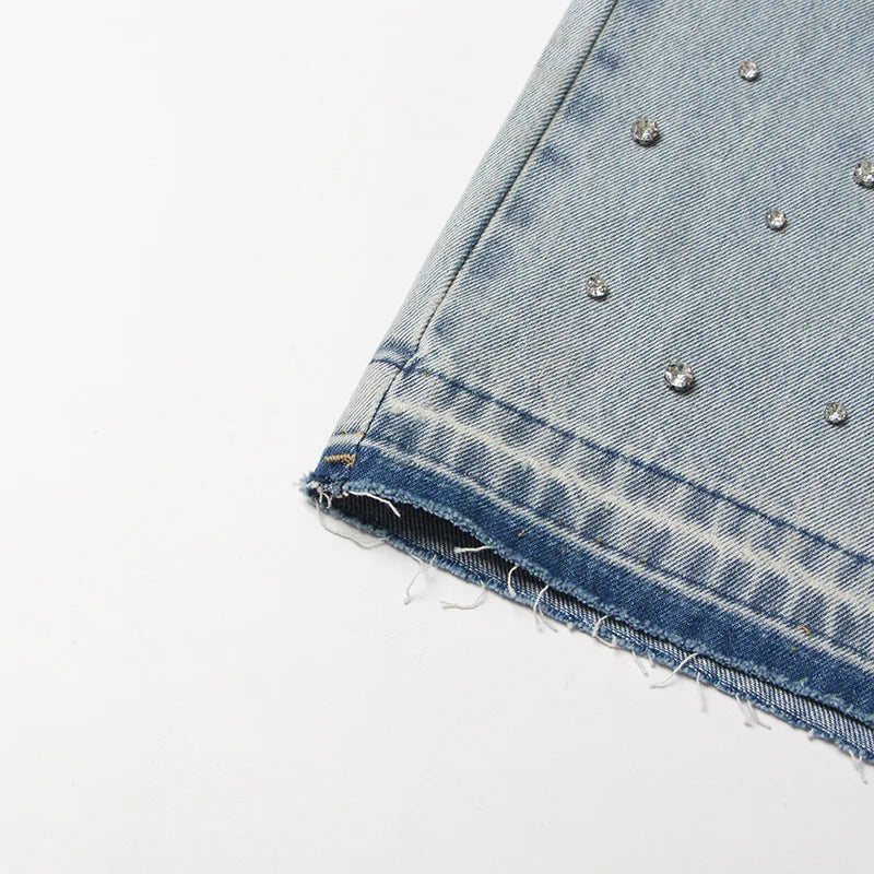 BKQU - Pantalones vaqueros rectos y holgados para mujer, cintura alta, pierna ancha, con diamantes de imitación, largos, moda urbana 2021, pantalones brillantes con diamantes