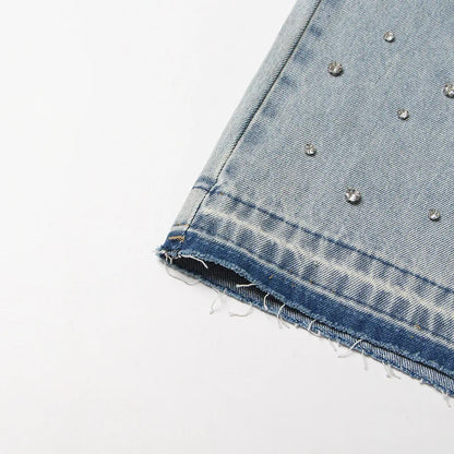 BKQU Straight Baggy Jeans Women High Waist Wide Leg Rhinestones Denim Long Pants 2023 Fashion Streetwear Diamonds Shinny Trouser
