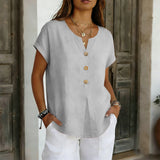 2026 Summer Basic Blouses Women's Shirts Solid Color Casual Short-Sleeve Cotton Linen Fashion Plus Size V-Neck Loose Button Tops