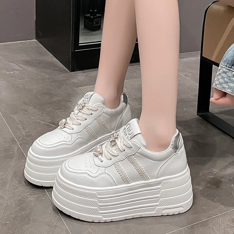 8cm Leather Flats Casual Dad Shoes Chunky Sneakers 2025 Women Platform Sports Shoes Ladies Skateboard Hidden Heels Shoes Tennis