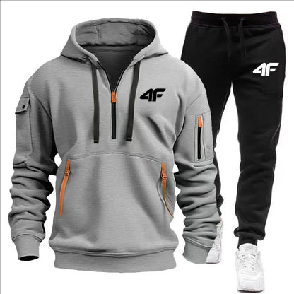 Men's tracksuit zipper hood multi-pocket and protective pants casual jogging tracksuit fall/winter 2-piece setLarge size S-3XL