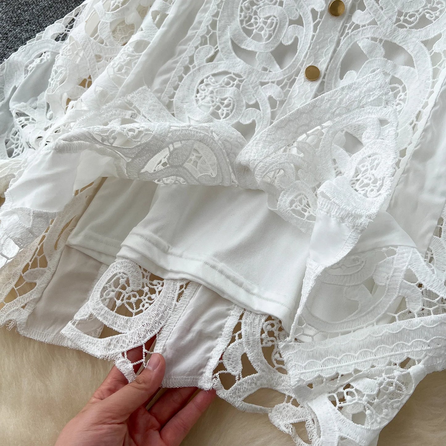 Autumn Crochet White Lace Embroidery 3 Pieces Sets Women Dress Suits Hollow Out Loose Shirt Top Elastic Waist Maxi Skirt Suit