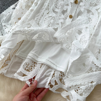 Autumn Crochet White Lace Embroidery 3 Pieces Sets Women Dress Suits Hollow Out Loose Shirt Top Elastic Waist Maxi Skirt Suit