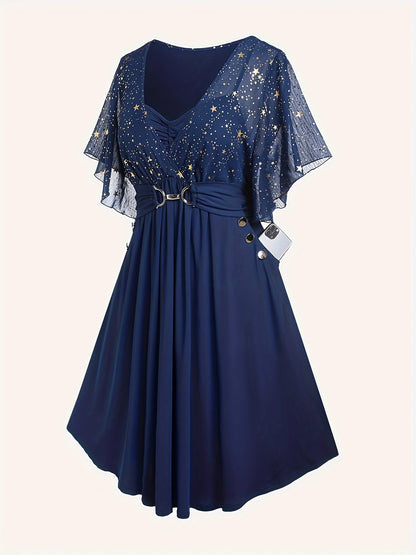 Moda feminina plus size explosões estrela impressão botão bolso pregas manga borboleta elegante temperamento vestido