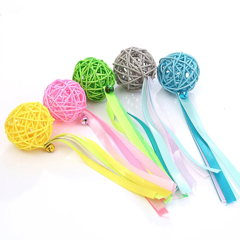 Juguete para gatos, serpentina de bolas de ratán multicolor, campana de cola, juego interactivo, suministros para mascotas