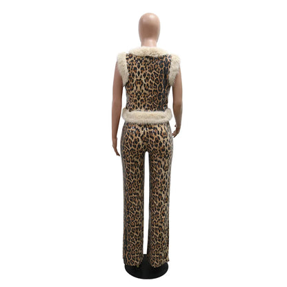 CM.YAYA Conjunto de mujer sin mangas de piel de leopardo con lentejuelas, cuello en V, chaleco de lana y pantalón, conjunto de 2 piezas Street Two 2024, chándal