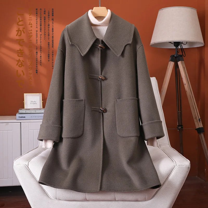 2025 Fashion Large Lapel Horn Button Women's Coat Autumn and Winter New Double-Sided Woolen 100%Pure Wool Warm Coat Large Pocket