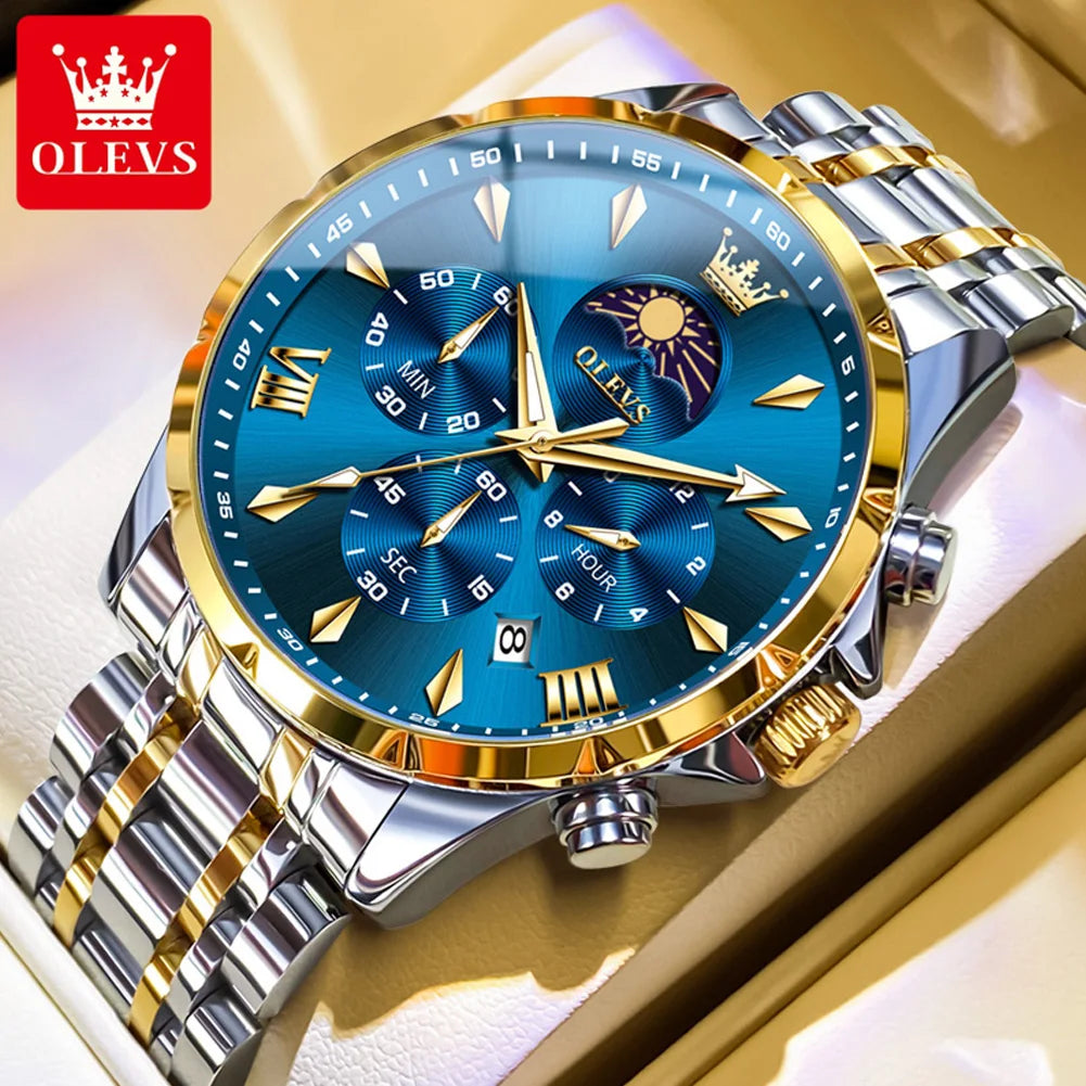 OLEVS 3653 Mens Watch Quartz Watch Multifunctional Chronograph Watch For Men 30M Waterproof Luminous Moon Phase Box Original
