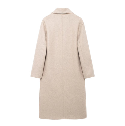 TRAFZA 2024 Autumn New Women Loose Coat Lapel Double Breasted Long Sleeve Jacket Winter Warm Thick Vintage Solid Trench Outwear