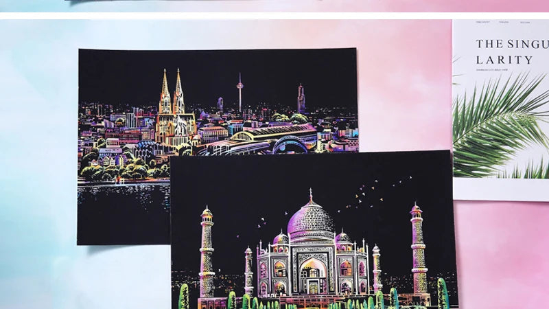 Scratch Art Paper Set 2 Sheets World Landmark Night Scene with Stylus DIY Crafts Stress Relief Creative Painting Adult Kids Gift