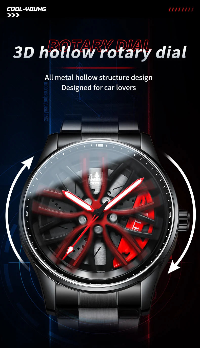 Reloj de lujo OLEVS Wheel para hombre, resistente al agua, con llanta giratoria deportiva, de cuarzo, de alta calidad y a la moda, el más vendido.