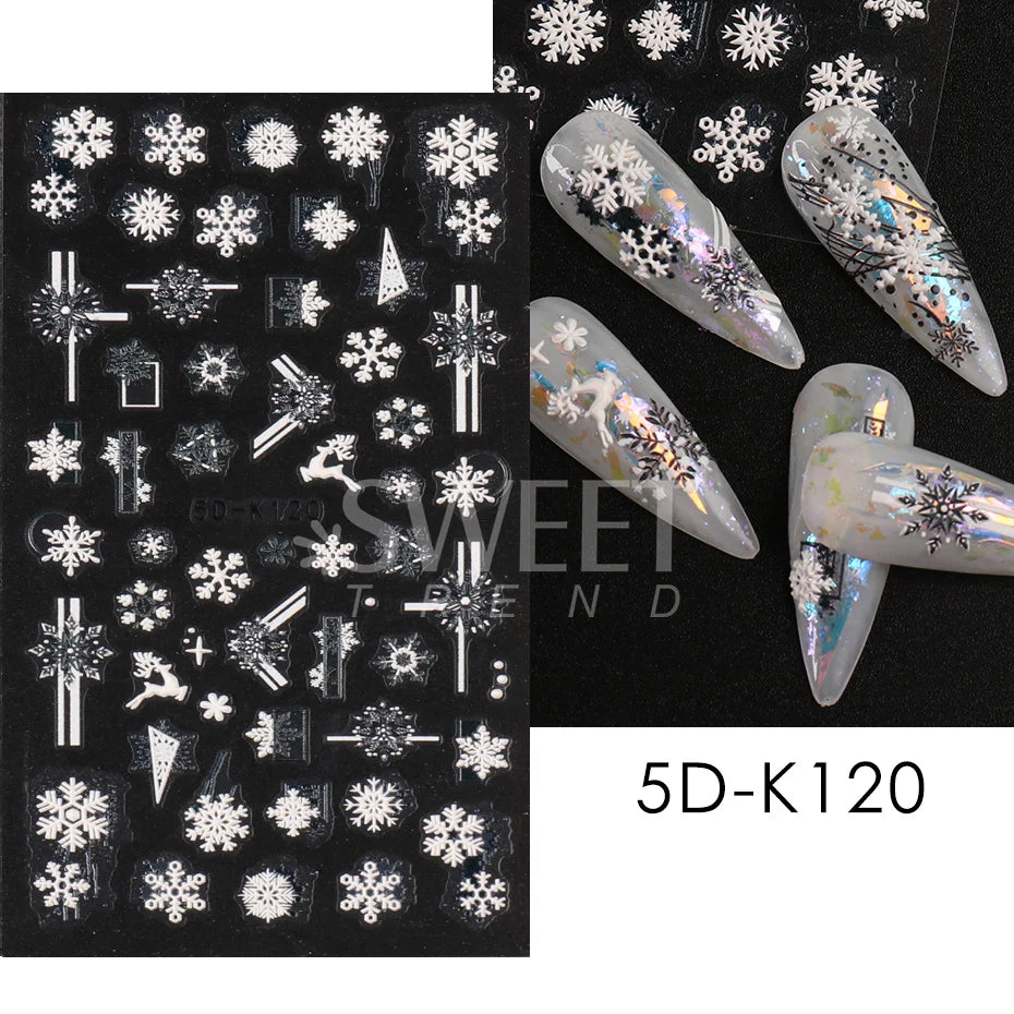 5D Red Christmas Nail Stickers Glitter Embossed Snowflake Gloves Feather Bulb Bells Winter Xmas DIY Engraved Manicure Decoration