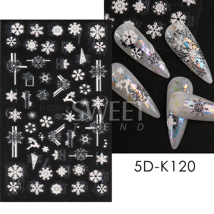 5D Red Christmas Nail Stickers Glitter Embossed Snowflake Gloves Feather Bulb Bells Winter Xmas DIY Engraved Manicure Decoration