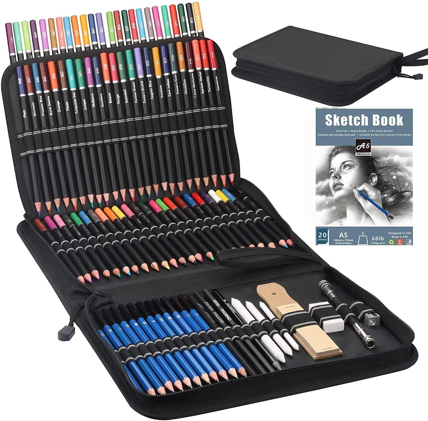 20/54/58/70/144 Drawing And Sketching Kit | Portable Travel Case | Graphite, Charcoal, White Color | Featuring Blending Stump