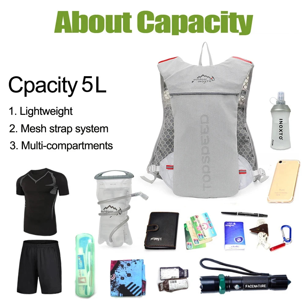 Mochila ultraligera de 5 l para correr en senderos al aire libre, chaleco de hidratación para correr, bolsa transpirable para ciclismo de maratón, botella de agua de 500 ml.
