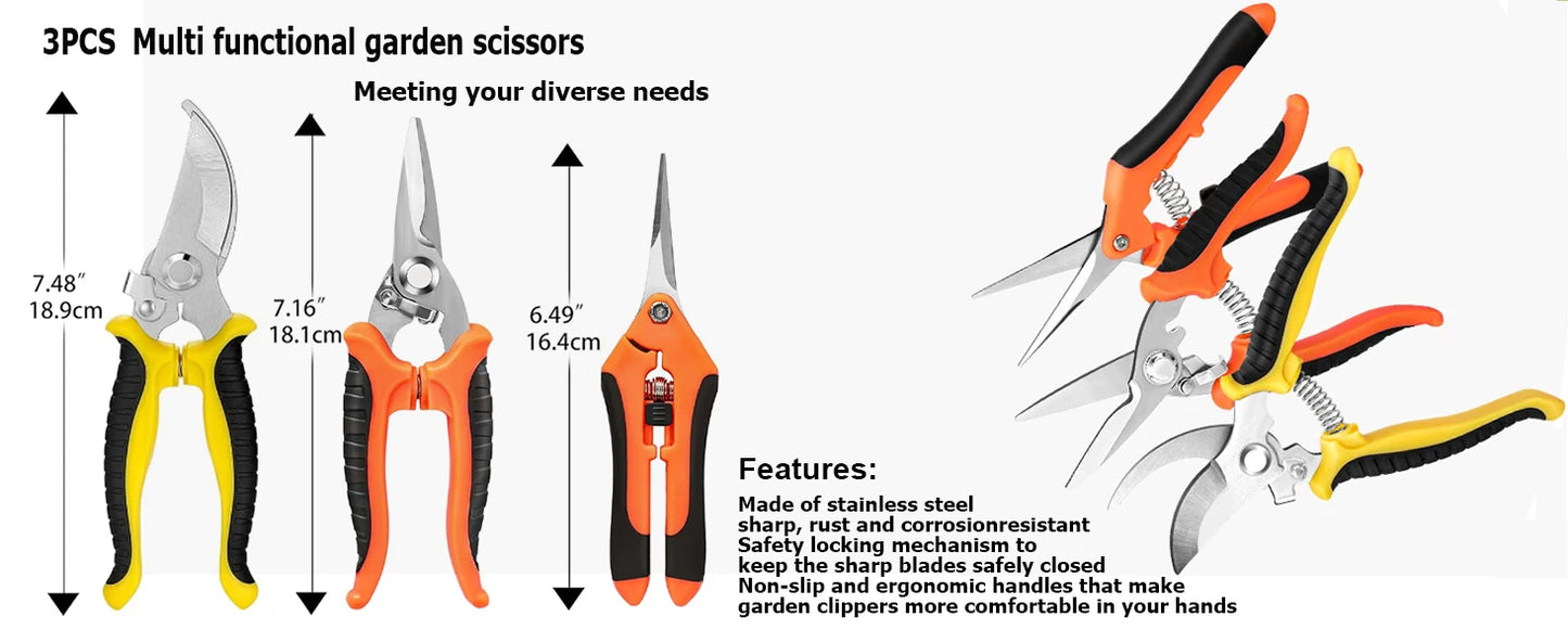 3pcs Multifunctional Stainless Scissors Pruner Garden Scissors for Gardening Flower Fruit Tree Manually Scissor Electrician Tool