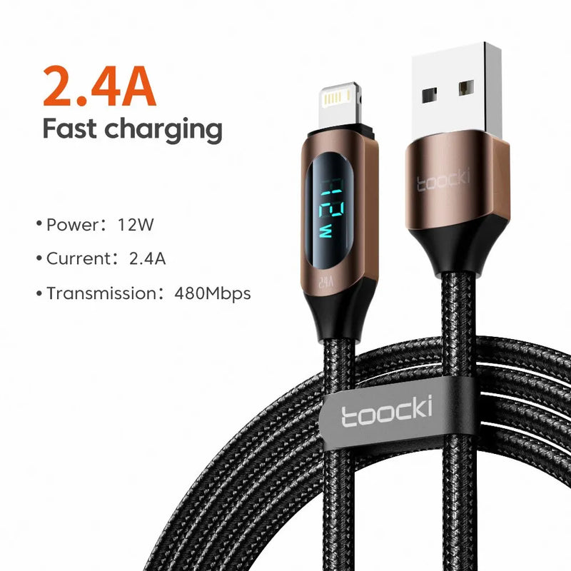 Toocki LED Display USB Cable For iPhone 14 13 12 11 Pro Max Fast Charger Charging Lightning 2.4A USB Wire Cord X XR 8 7 1m 2m