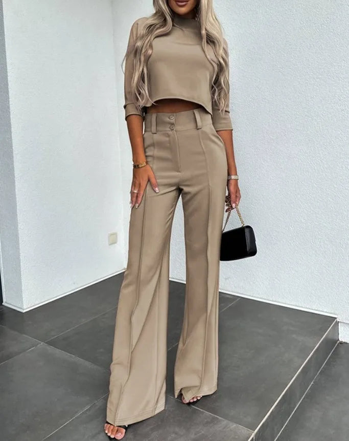 Elegante conjunto de dos piezas de color liso para mujer, traje de oficina, top corto informal y pantalones de cintura alta, otoño 2024