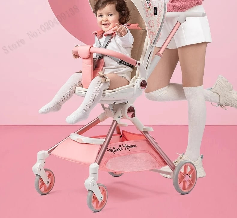 Pink Newborn Stroller can sit or lie down 0-6 years old Children Lightweight Folding Boardable Travel 360 ° Steering Stroller