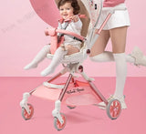 Pink Newborn Stroller can sit or lie down 0-6 years old Children Lightweight Folding Boardable Travel 360 ° Steering Stroller