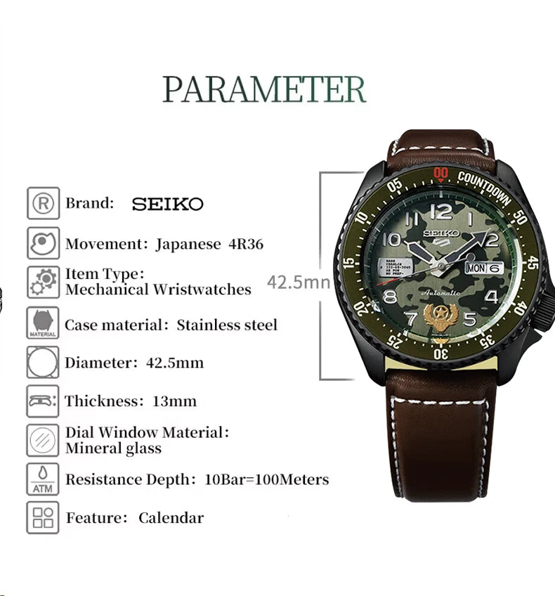 SEIKO 5 Original Sports Automatic Watch Mechanical 10bar Waterproof Luminous Men Watches