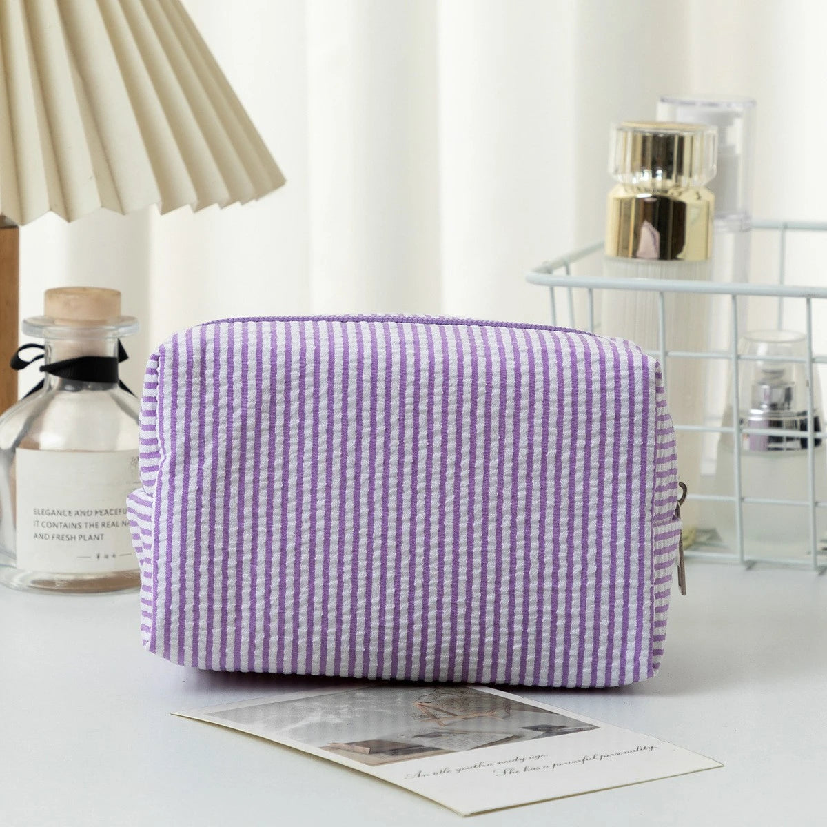 Stripe Seersucker Cosmetic Bag Fashion Women Cosmetic Bag Zipper Storage Makeup Case Traveling Pouch Organizer for Lady