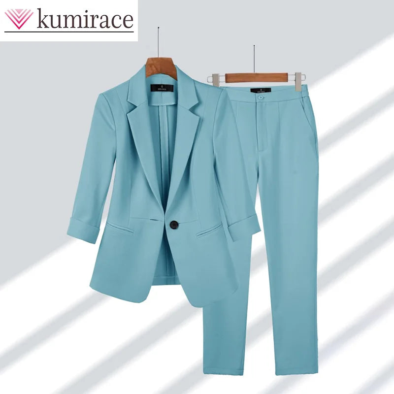 Traje profesional para mujer, primavera/verano 2024, nuevo, corto, manga dividida, color liso, traje de temperamento premium, conjunto de dos piezas