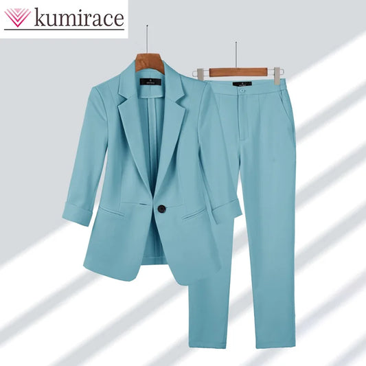 Traje profesional para mujer, primavera/verano 2024, nuevo, corto, manga dividida, color liso, traje de temperamento premium, conjunto de dos piezas