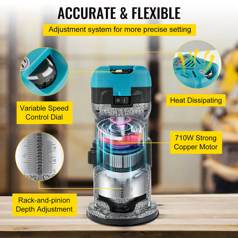 VEVOR Wood Router Machine Electric Trimmer 710W 33000RPM Power Carpentry Tool for Woodworking Trimming Grooving Carving Milling