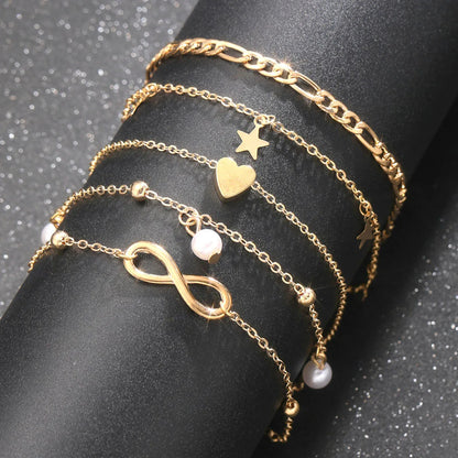 5Pcs Bohemian Pineapple Pearl Anklet for Women Fashion Simple Temperament Ladies Infinite Ankle Bracelets Jewelry Star Anklets