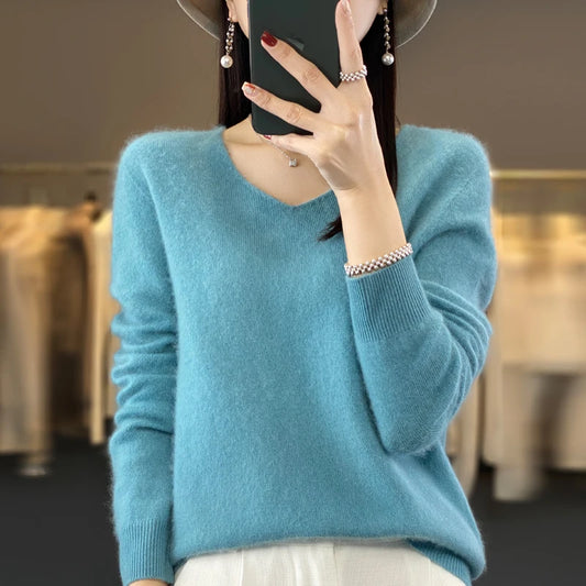 100% Pure Wool Cashmere Sweater Women's V-Neck Pullover Casual Knit Top Autumn and Winter Women's Coat Korean Fashion