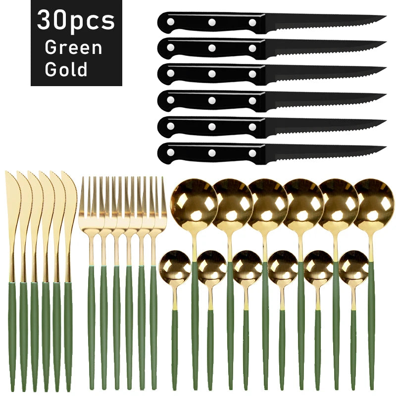 30pcs Black Dinnerware Set Stainless Steel Steak Knife Fork Coffee Spoon Teaspoon Flatware Dishwasher Safe Kitchen Tableware Set