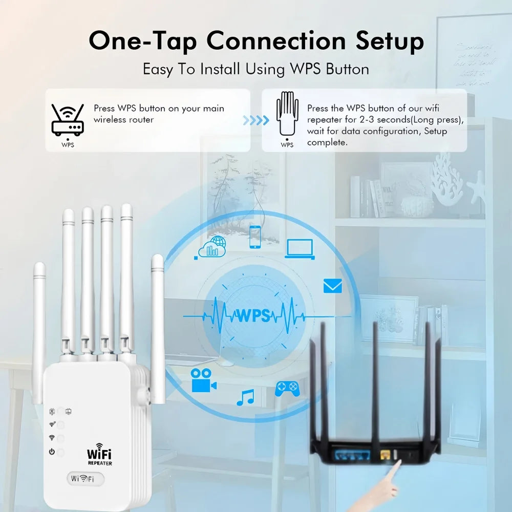 1200Mbps Wireless WiFi Repeater WIFI Extender WiFi Booster 2.4G/5G Network Amplifier 360° Full Coverage Signal For Small Office