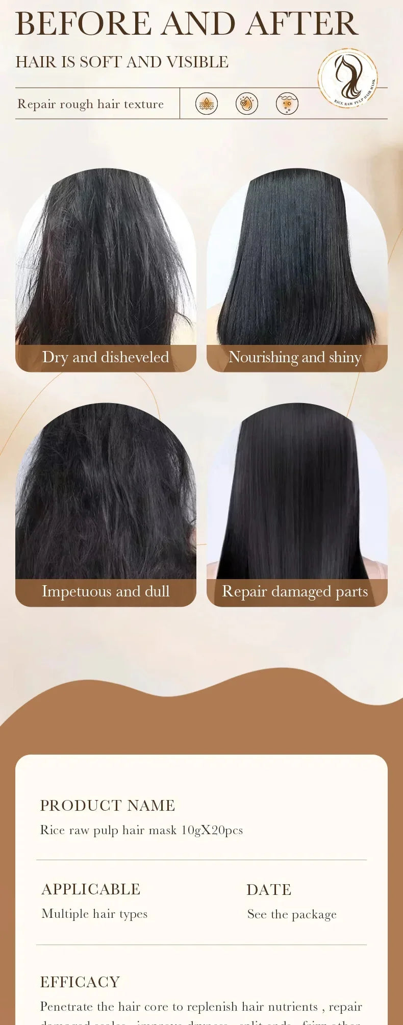 Mascarilla capilar mágica profesional reparadora natural que previene la sequedad, las puntas abiertas, repara el daño, el frizz y los enredos. Cuidado suave y liso en 5 segundos.