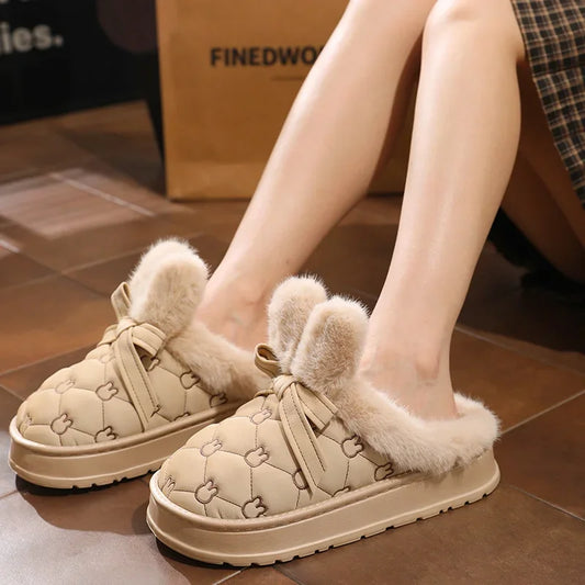 Women Winter Plush Warm Slippers Ladies Casual Fashion Cotton Slipper Female Flat Outdoor Stylish Waterproof Shoes