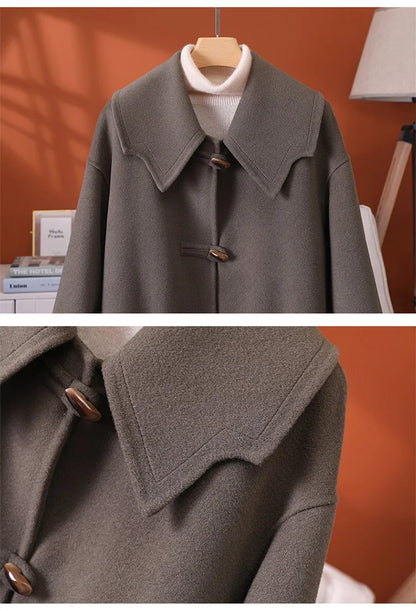 2025 Fashion Large Lapel Horn Button Women's Coat Autumn and Winter New Double-Sided Woolen 100%Pure Wool Warm Coat Large Pocket