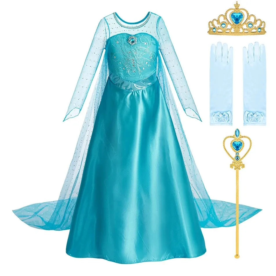 Vestido da Elsa para Halloween – Fantasia de Princesa e Capa Longa para Meninas (Roupa de Carnaval / Rainha da Neve)