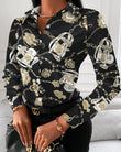 Women's Fashion Wild Shirts Chain/Floral/Letter/Geometric Square Print Turn-Down Collar Long Sleeve Blouses