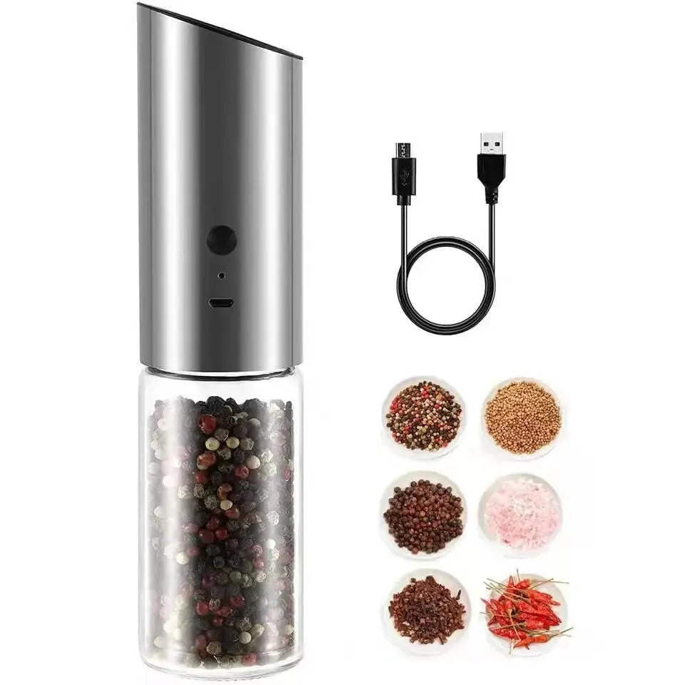 Molinillo de sal y pimienta eléctrico, molinillo de pimienta eléctrico recargable por USB, máquina automática de acero para especias, herramienta de cocina