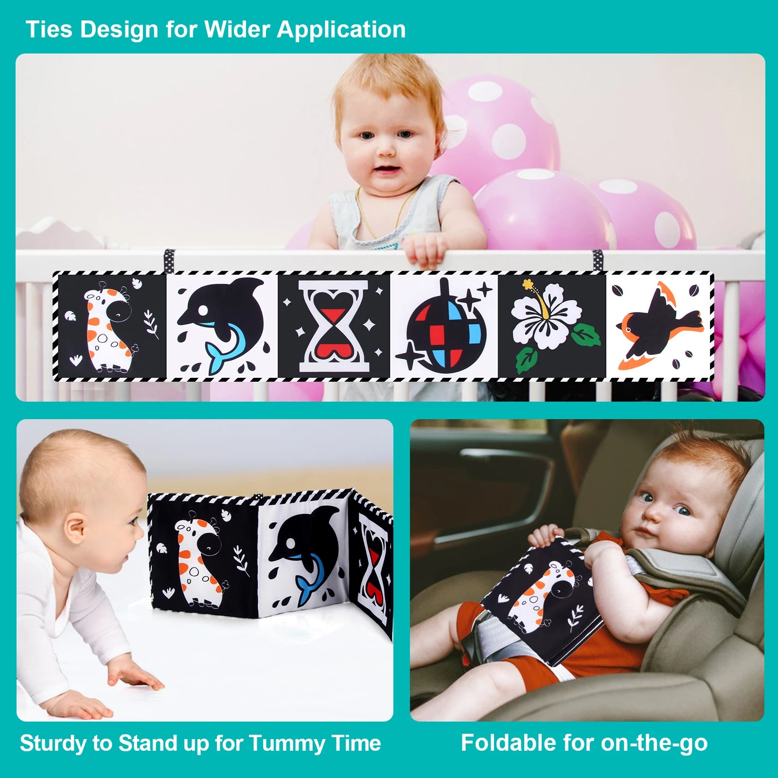 Livro de Pano de Alto Contraste para Bebês (0M+) – Brinquedos Sensoriais em Preto e Branco com Temática de Animais para Berço e Método Montessori