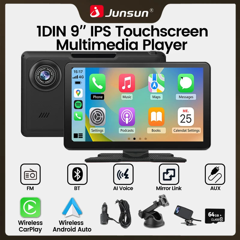 Junsun 9 inch Car DVR 4K Dash Cam Wireless Carplay for Apple Android Auto Dual Lens Video Recorder Dashboard Monitor FM BT AUX